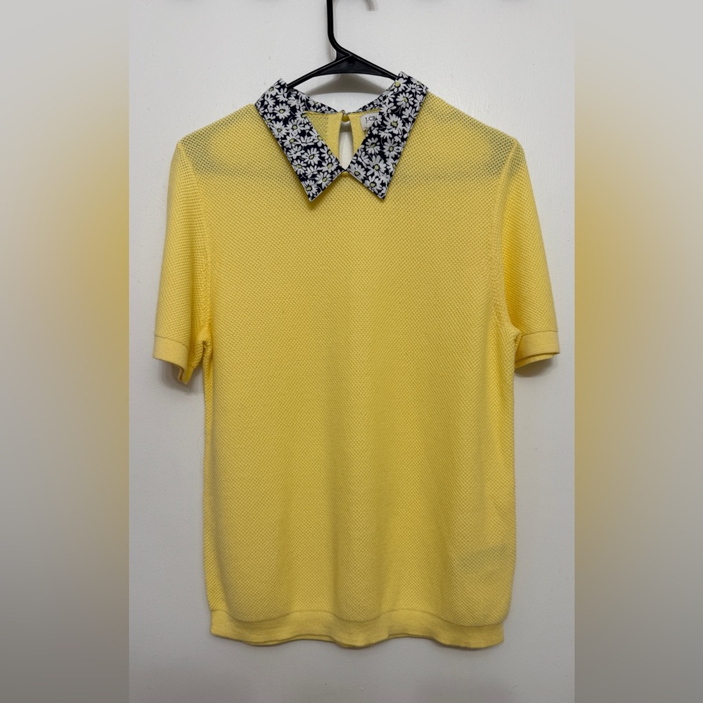 NWT J.CREW Daisy Print Peter Pan Collar Knit Top Yellow Cotton Short Sleeve L - Picture 2 of 11
